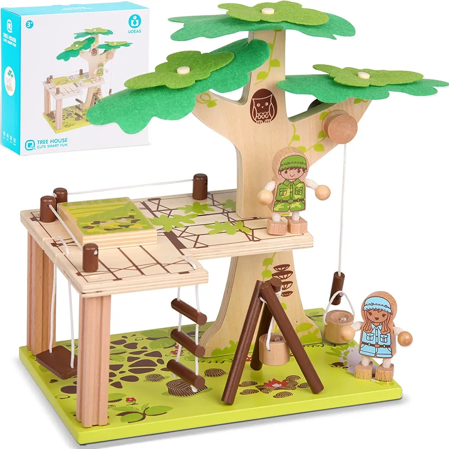 Wooden Tree House Playset for Kids, 22 PCS Creative Building Block Set Construction Toys with 2 Figures, Rope Ladder, Swing and Disassembly Tools for Toddlers Kids Boys Girls