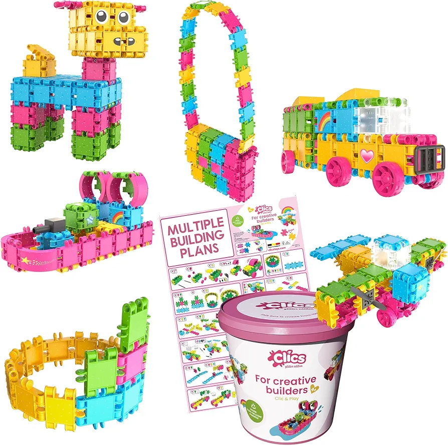 Clics construction toys, Glitter Bucket, 133 building blocks, 42 accessories and stickers,educational kids toys,STEM toys for 3 year old boys & girls and older, DURABLE TOYS made from RECYCLED PLASTIC