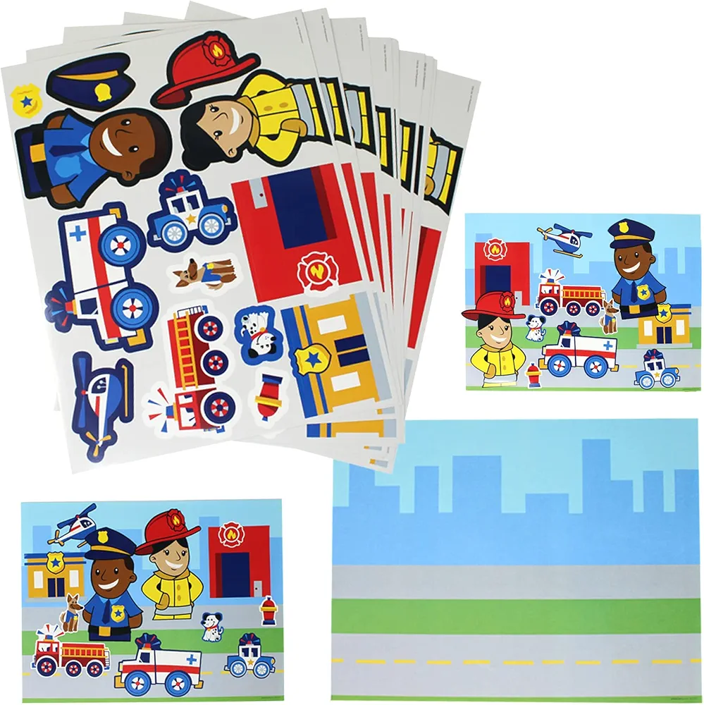 Tribello Make Your Own Sticker Scene - 12 Kit Rescue Team DIY Stickers for Kids Activities DIY Party Favors Rescue Police Fire Birthday Party Favors - Stationary Arts & Crafts Kids Craft Activities