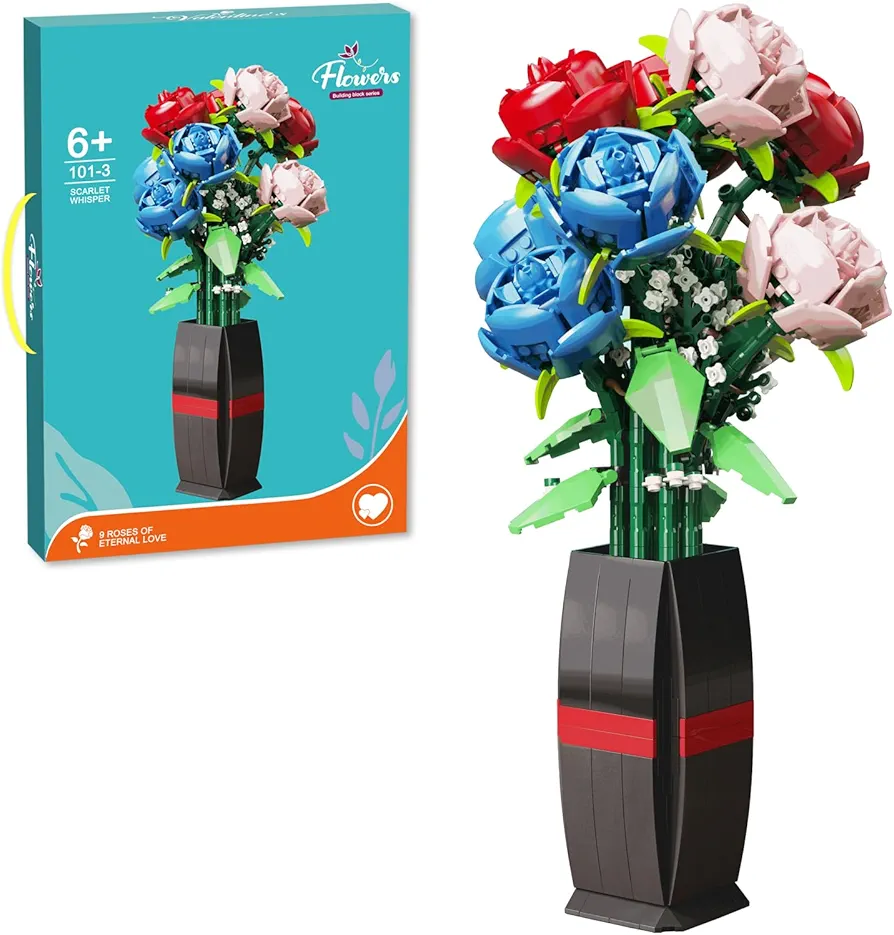 Flowers Bouquet Building Set with Vase, Valentine's Day, Mother's Day, Christmas or Birthday Gifts, for Kids, Women,Girls and Boys, 768PCS