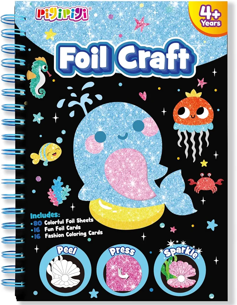 pigipigi Art Craft Activity for Kids: Fun Foil Ocean DIY Toy Kit, No Mess Creative Travel Supply Set, Idea Birthday Christmas Valentine Gift for Girl Boy Children 3 4 5 6 7 8 9 Year Old