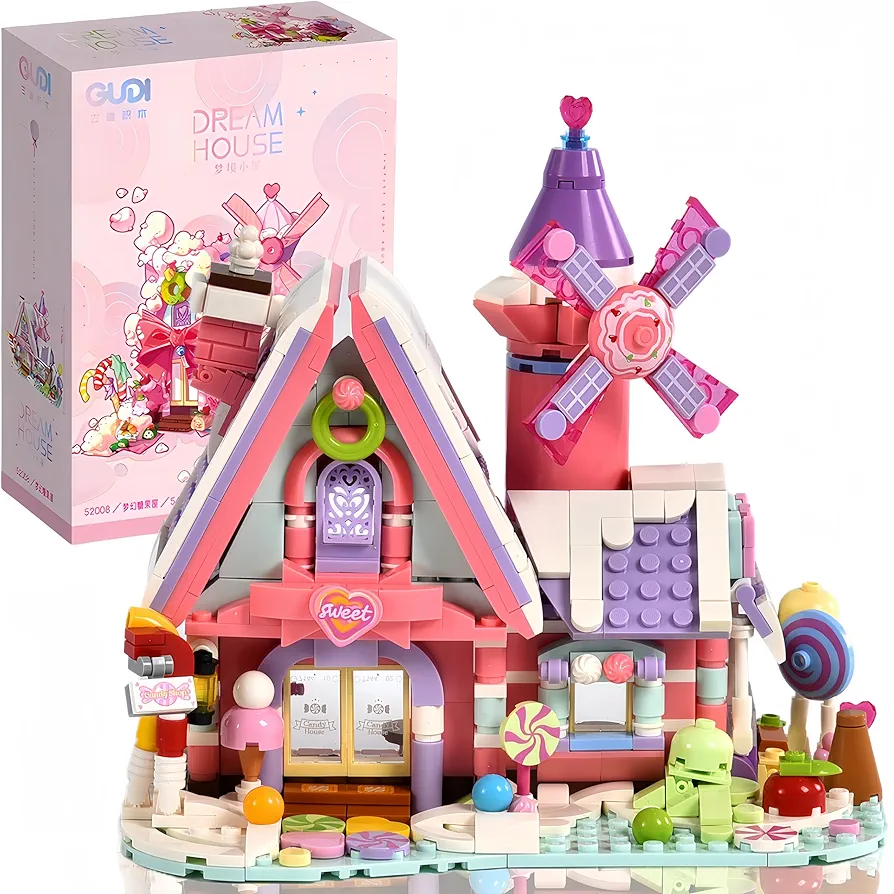 Candy House Building Kit, DIY Pink Dream Houses Toys Set with Rotatable Windmills, 547Pcs STEM Educational Toy, Christmas Birthday Party Ideal Gifts for Ages 6 7 8-14 and UP Girls Daughter Kids