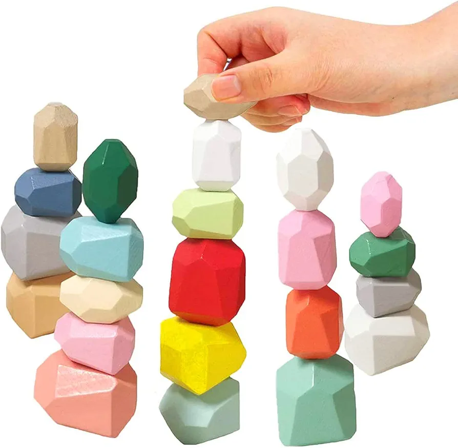 Wooden Stacking Toys Stone Stacking Game Colored Wooden Stones Rock Blocks Wooden Balancing Blocks Educational Stacking Building Toys for Kids Ages 3-5 (22PCS)