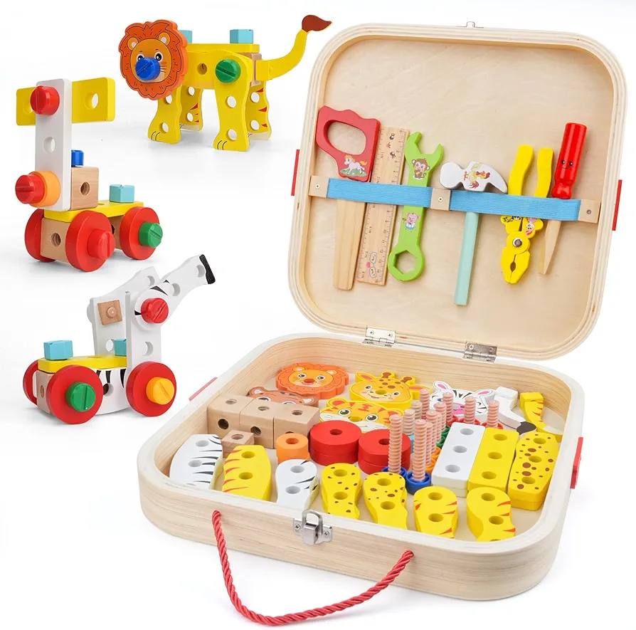 Wooden Animal Tool Box for Kids, Contains Stickers, Screws, Assembly Tools, Animal Building Blocks, Children's Montessori Building Block Assembly Toy, Ideal Gift for Boys and Girls 3，4，5，6