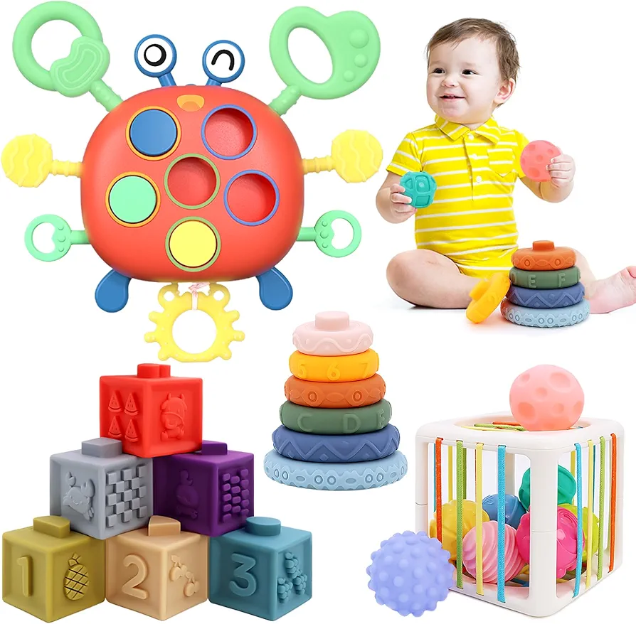 pigipigi Baby Toy 6-12 Months - Montessori Toy for Babies 5 in 1 Infants Stacking Play Set Sensory Learning Activities for 1-3 Year Old Soft Baby Toddler Teething Essentials