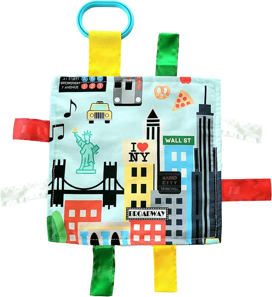 Baby Jack & Co 8x8” Learning Lovey NYC New York Tag Toys for Babies - Baby Crinkle Toys - Soft & Safe - Learn USA Cities and Shapes - Ideal Baby Toy & Gift BPA Free w/Stroller Clip