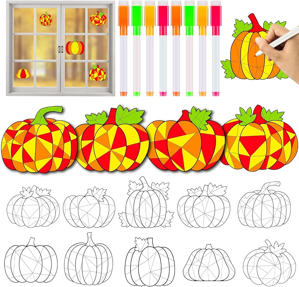 Qyeahkj 30pcs Fall Pumpkin Suncatchers Crafts Kit for Kids, DIY Fall Arts Crafts Coloring Autumn Window Clings Stickers with 8 Painting Markers for Home Classroom Party Decorations