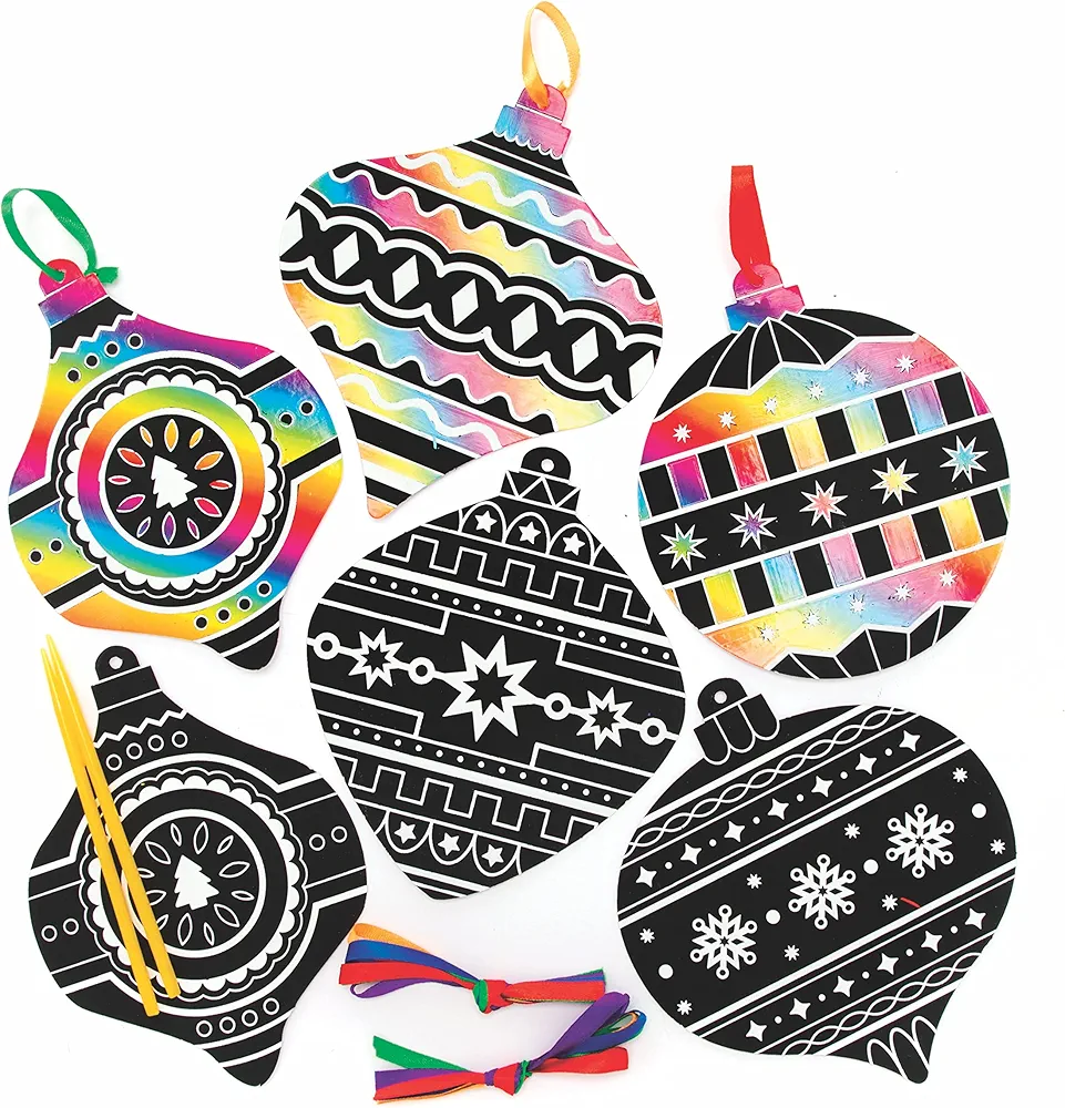 Baker Ross FC106 Bauble Scratch Art Christmas Decorations - Pack of 10, Festive Scratch Arts and Crafts for Kids, Craft and Create Family Christmas Gifts (FC106)