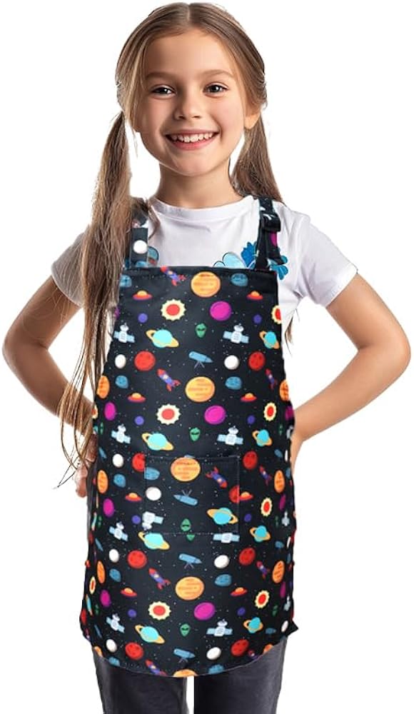 Kids Chef Painting Apron,Adjustable Waterproof Art Smock for Ages 3-7 Girls and Boys, for Painting, Cooking,Baking & Gardening Supplies,Space Planets