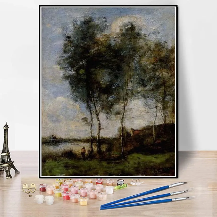 Paint by Numbers for Adult Kits Fisherman at The River Bank Painting by Camille Corot Arts Craft for Home Wall Decor