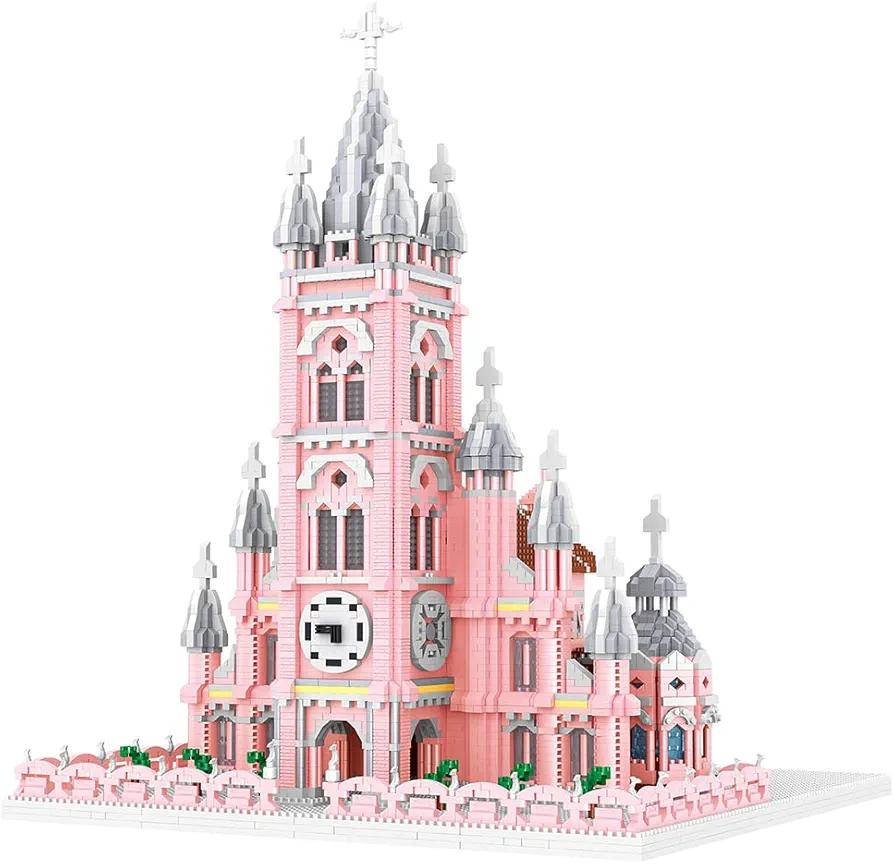 Pink Sacred Heart Church Vietnam Building Blocks Set (7017Pcs) Famous World Architecture Educational Toys Micro Bricks for Kids Adults