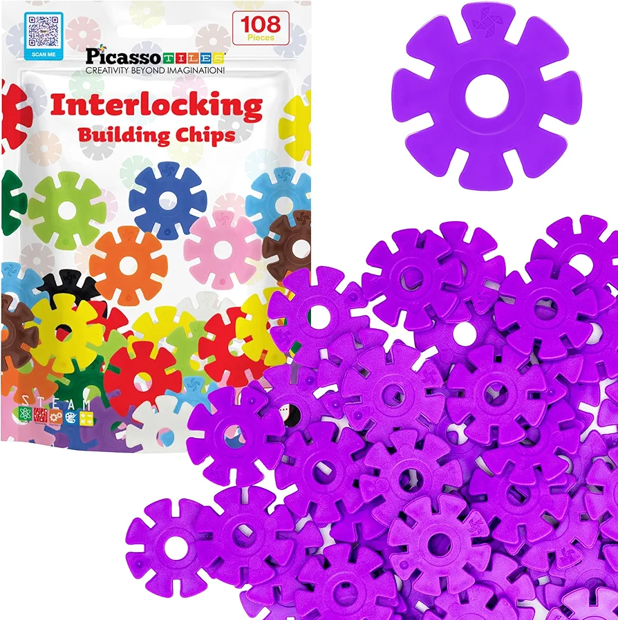 PicassoTiles Building Chip Interlocking Disc Construction Blocks in Purple Color STEM Learning Early Education Toy Engineering Playset Child Brain Development for Toddler Girls Boys Kids Age 3+ PTF108