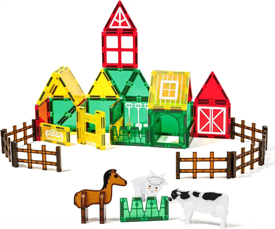 Magnetic Tiles Farm Animals Toy for Kids 3-5|46-Piece Magnet Building Blocks Construction Set|Preschool Learning Activities Sensory Toys STEM Kits for Boys 4-6|Birthday Gift for 7 8 9 10 Years Old