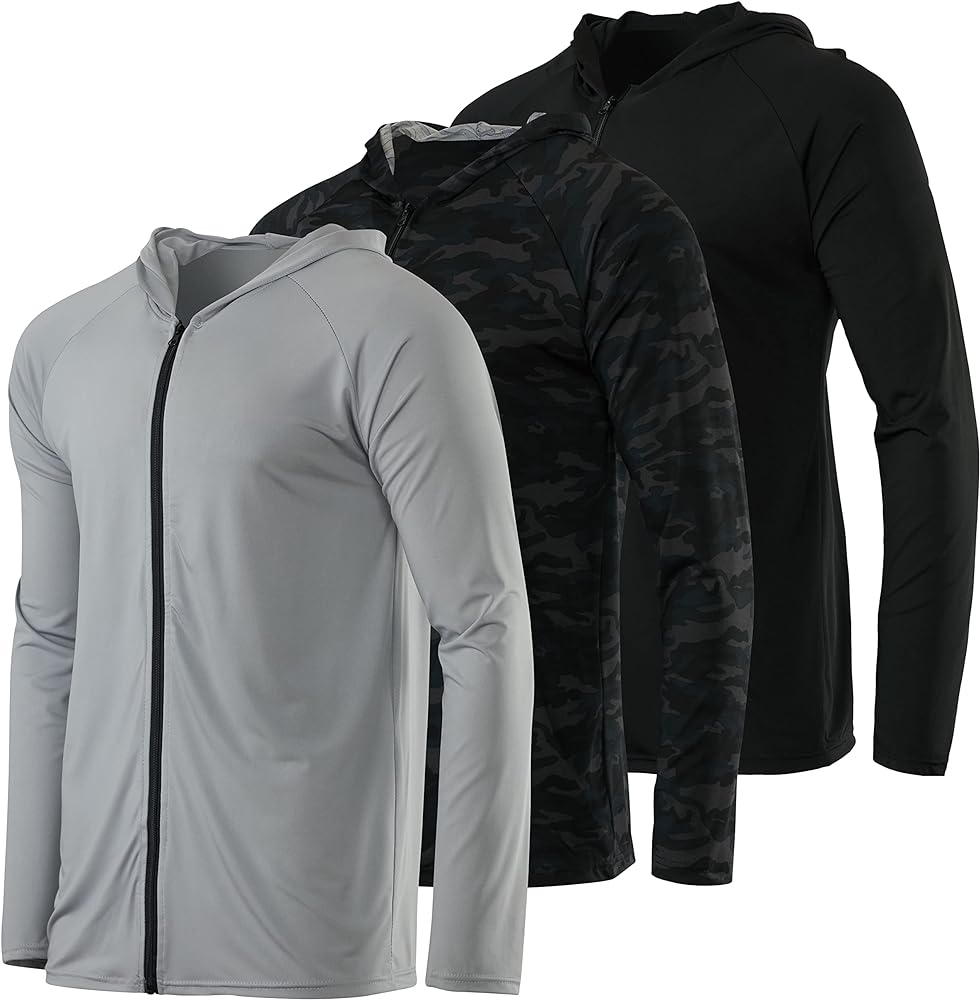 Real Essentials 3 Pack: Mens Dry-Fit Long Sleeve Full Zip Hoodie & Jacket- Athletic Running Jacket (Available in Big & Tall)