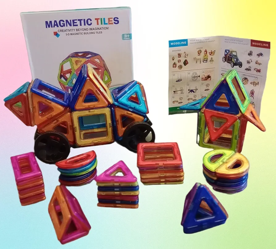 Fun Time Colorful Transparent 3D Magnetic Building Tile Sets, Endless Fun and Creative Combinations for Kids to Imagine, Learn and Explore Geometric Shapes, Limitless Fun (60 Piece Set)