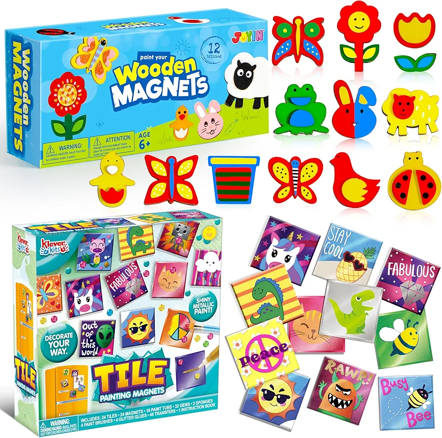 JOYIN 12 Wooden Magnet Painting Kits and 24 Magnetic Mini Tiles Art Kit