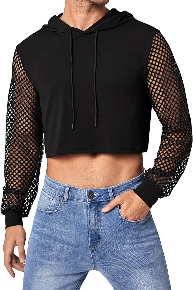 WDIRARA Men's Fishnet Mesh Long Sleeve Drawstring Crop Hoodie Sweatshirt Pullover