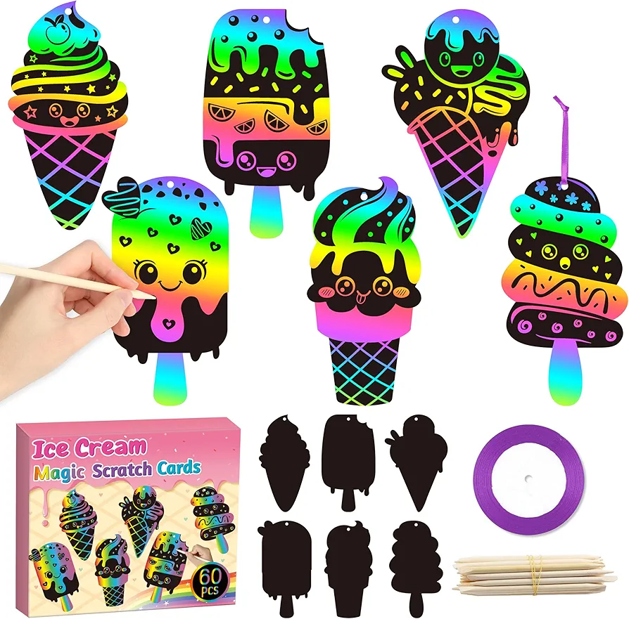 CY2SIDE Ice Cream Scratch Cards - 60PCS Summer Sweet Candy Ornament Scratch Crafts Card Gift Set for Kids Cones Magic Art Rainbow Color Craft Scratch Kit for Kids Birthday Party Favors School Activity