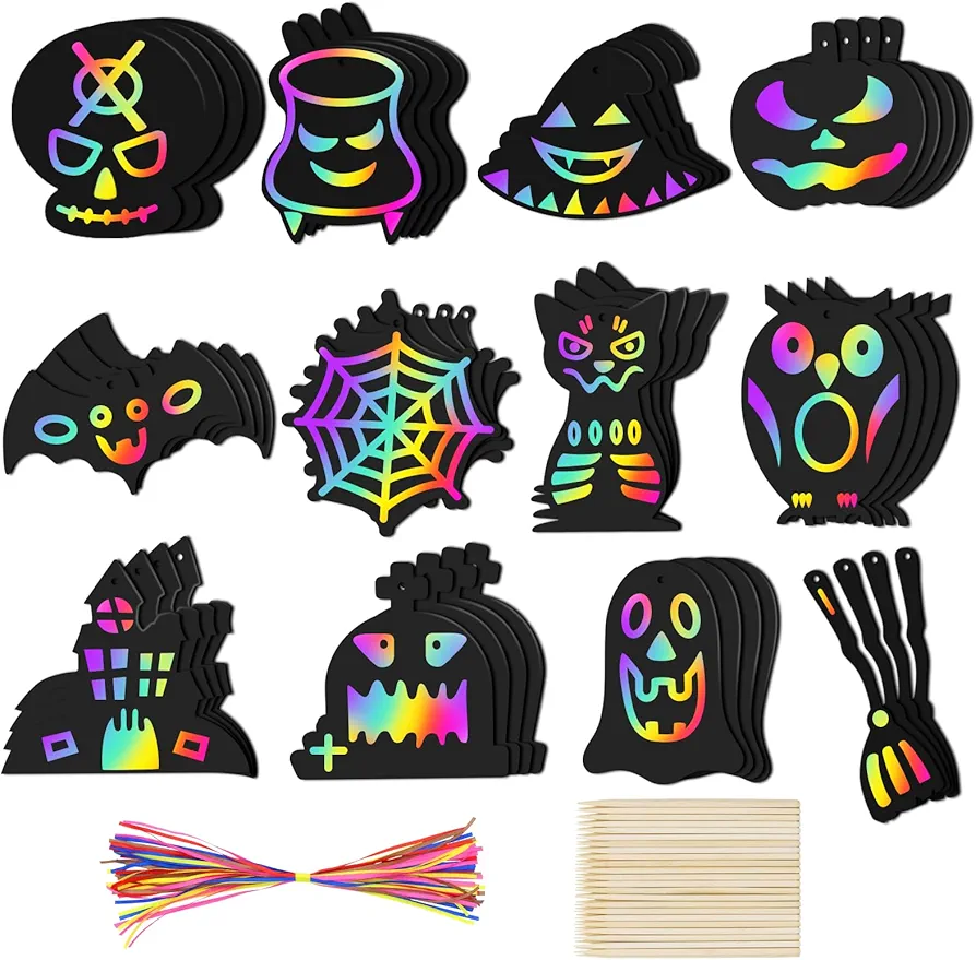 Halloween Scratch Paper Art for Kids - 48 Pcs DIY Rainbow Scratch Paper Off Cards Set for Kids Crafts Arts Supplies Class Birthday Holiday Party Activity Gift