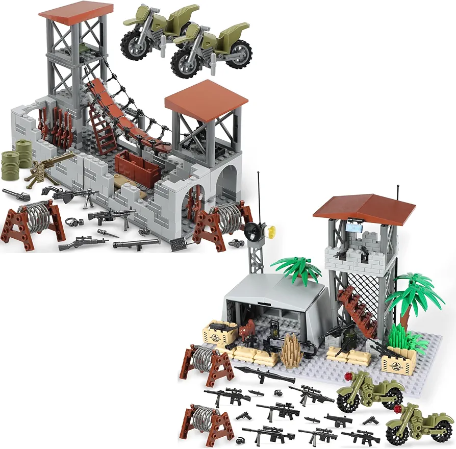 Finger Rock Military Base Building Block Set, WW2 Army Mini War Accessories Kits, Military Ruins Guard Tower Guns Army Supplies Block Toy for Kids 8 10 12 14