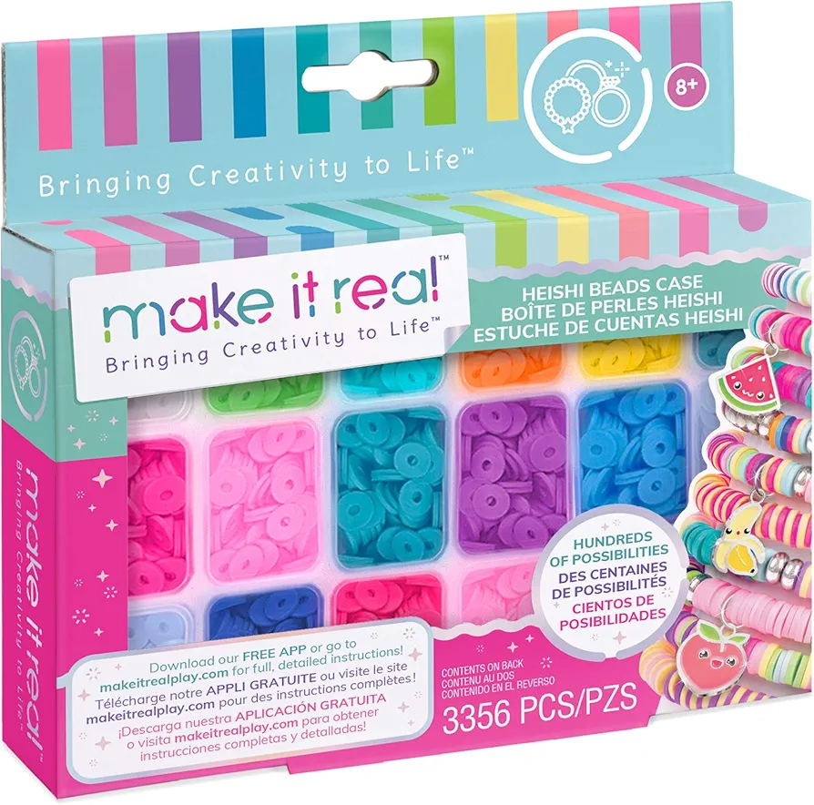 Make It Real - Heishi Beads with Storage Case - Jewelry & Charm Bracelet Making Kit with Storage Case - Friendship Bracelet Set with Beads, Charms & Thread - Arts & Crafts Bead Kit for Girls