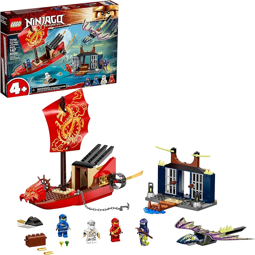 LEGO NINJAGO Legacy Final Flight of Destiny’s Bounty 71749 Ship Playset Building Kit, with Dragon and Jet Ski Toys; New 2021 (147 Pieces)