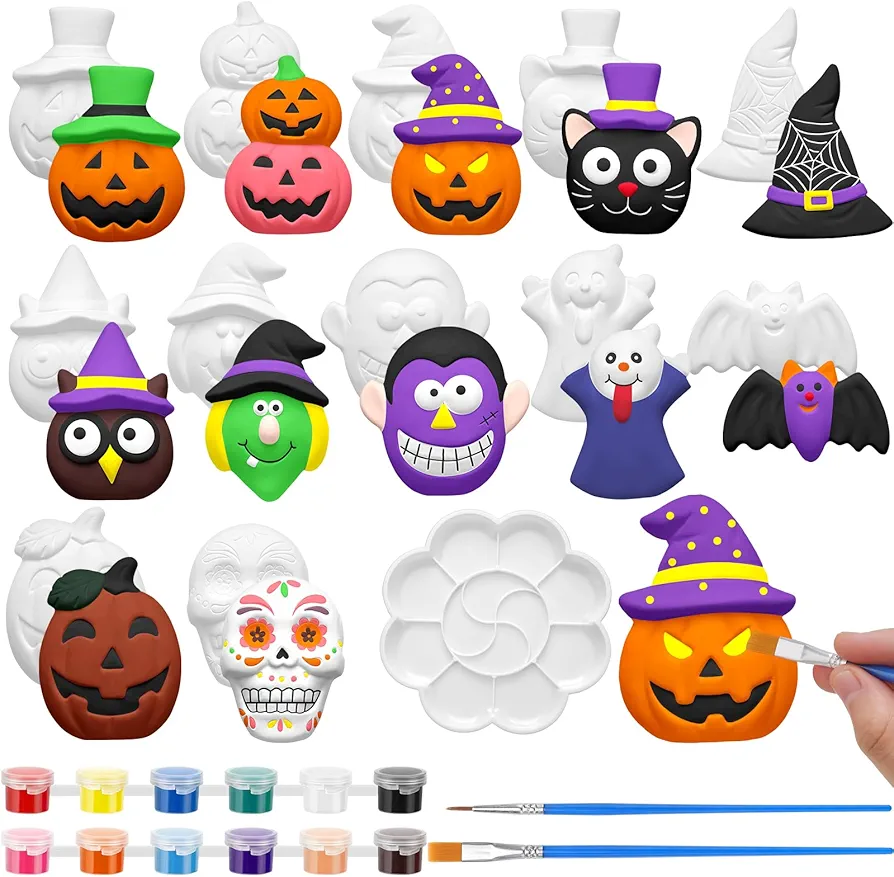 Leyndo 12 Set Halloween DIY Painting Kits with Unpainted Pumpkin Skull Bat Witch Hat for Classroom Activity Art Projects Halloween Gifts Party Decor