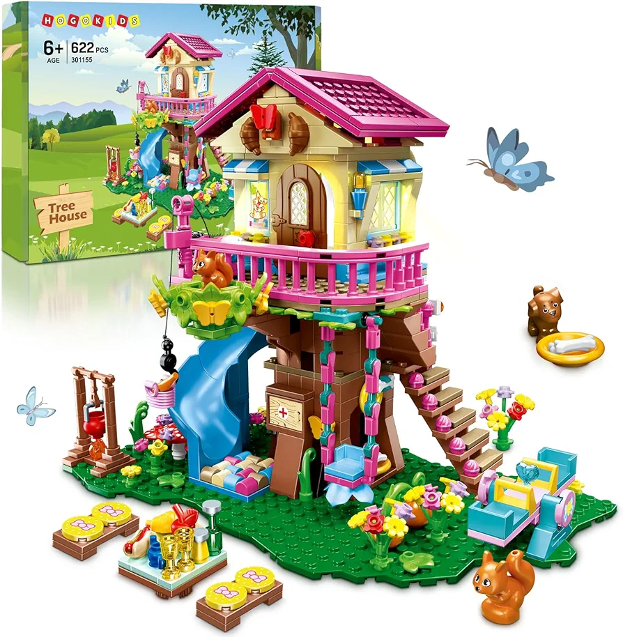 HOGOKIDS Tree House Building Set with LED Light - 622pcs Treehouse Building Blocks Toys, Forest Up House Building Kit with Slide, Birthday Gifts for Kids Girls Boys Age 6 7 8 9 10 11 12+