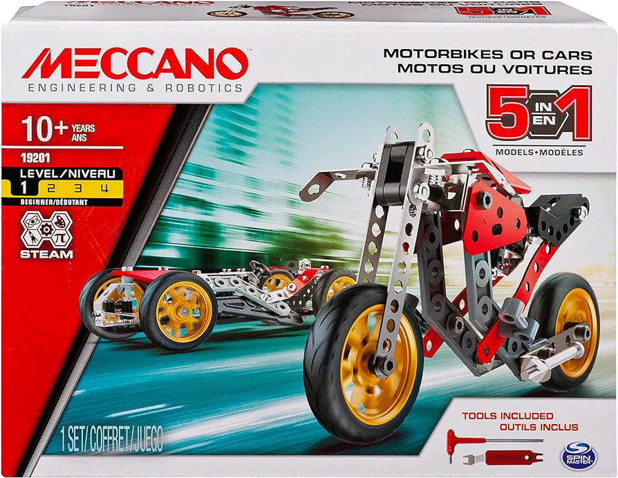 Meccano, 5-in-1 Street Fighter Bike, S.T.E.A.M. Building Kit, for Ages 10 and Up