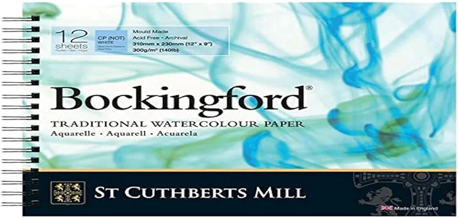 St. Cuthberts Mill Bockingford Watercolor Paper Spiral Pad - 12x9-inch White Water Color Paper for Artists - 12 Sheets of 140lb Cold Press Watercolor Paper for Gouache Ink Acrylic Charcoal and More