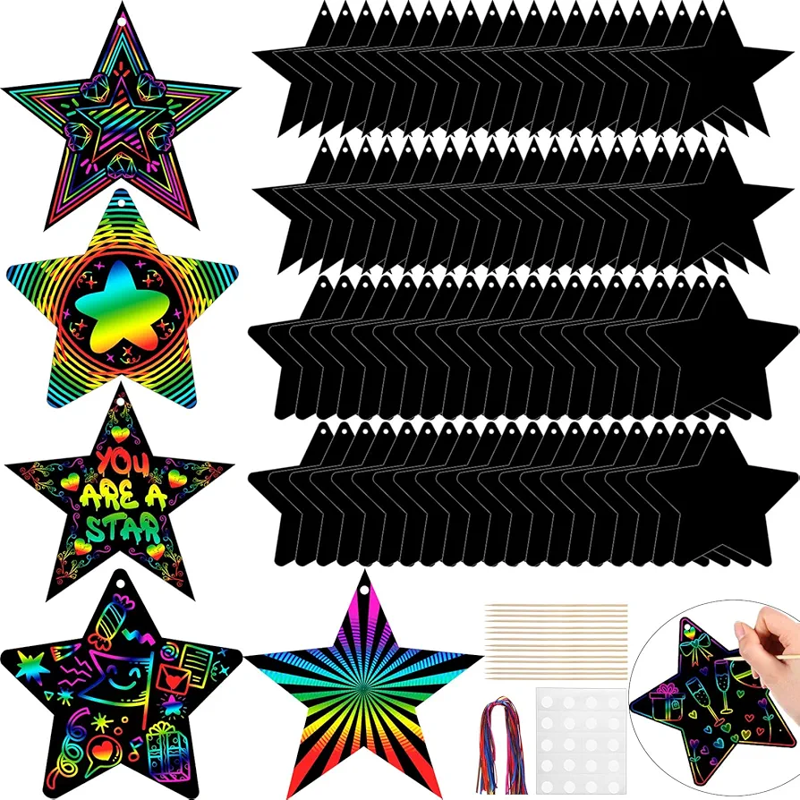 Yeaqee 80 Pcs Back to School Craft Star Craft Rainbow Star Scratch Cards School Scratch Paper for Kids DIY Classroom Decor Party Favors(Star Style)