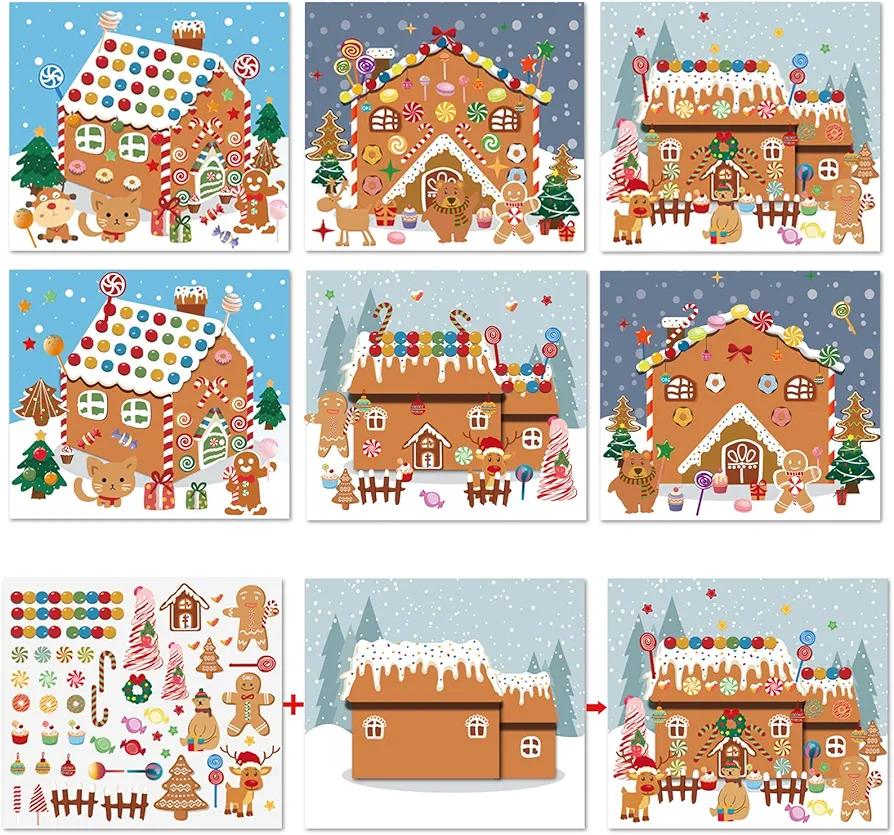 Christmas Party Favor for Kids - 30 Sheets Make a Gingerbread House DIY Craft Stickers Scenes for Xmas Holiday Activity Party Game Supplies, 15 Sets