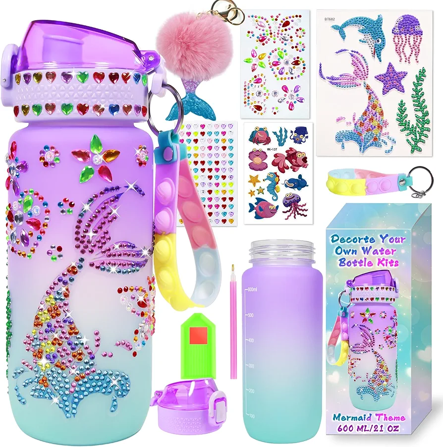 FIRITHYC Decorate Your Own Water Bottle Kits, Arts and Crafts Gifts Toys for Girls Age 4-6-8-10-12, Mermaids Gem Diamond Painting Crafts Gifts Toys for Girls Birthday