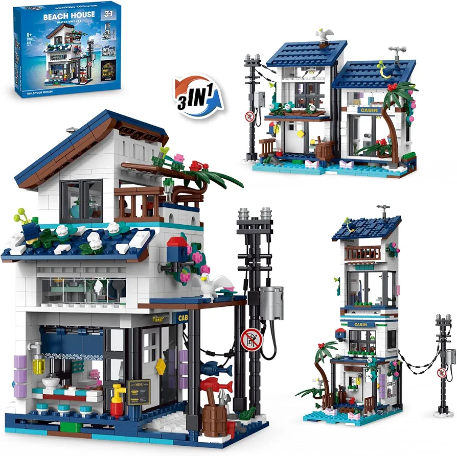 Creative 3 in 1 Vacation Beach House Building Set, Compatible with Lego Friends Seaside Villa, Girls Dream House Construction Educational Toy with Light, Birthday Gift for Kids Aged 6-12 (813 PCS)