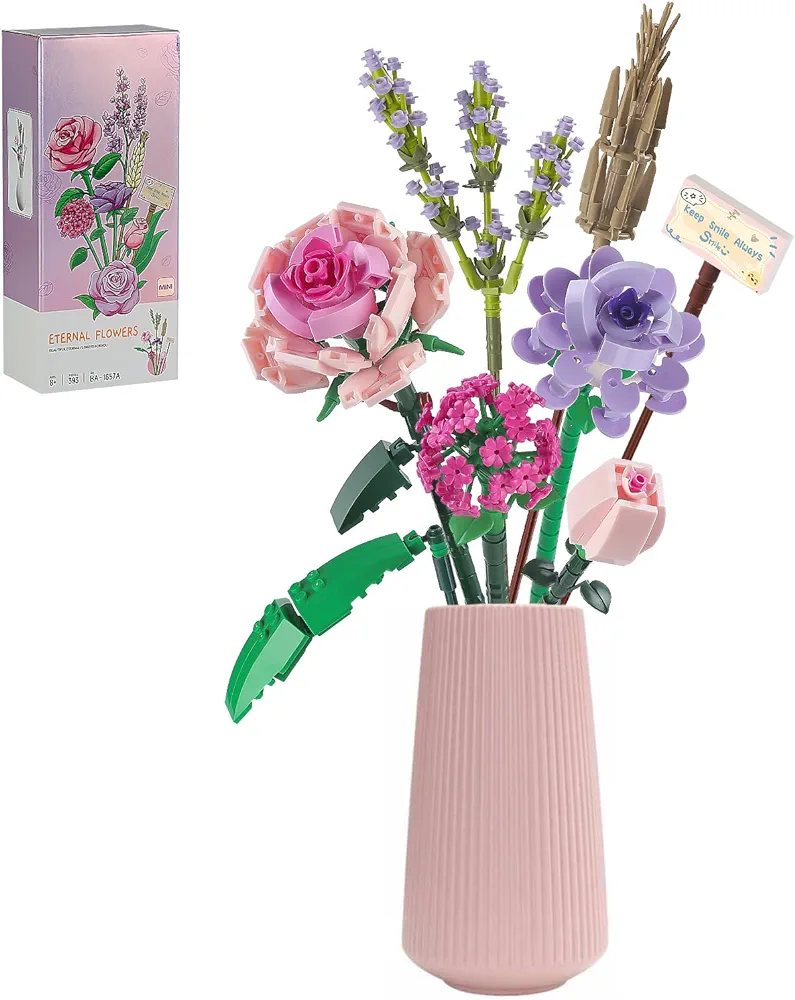 Flower Bouquet Building Blocks Sets for Adults Mini Pink Rose Lavender Botanical Collection Toys Kits Creative Birthday Anniversary for Women Girlfriends Kids 8 8+ 8-12 (393PCS)