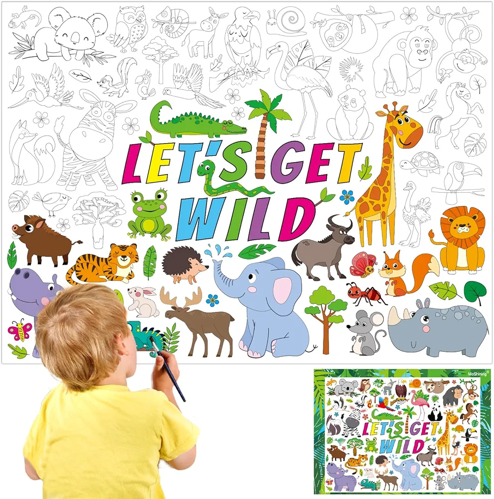 Jungle Safari Animals Giant Coloring Poster for Kids Wild Tropical Life Crafts Activity Wall Doodle Art Coloring Paper Poster Banner for Home School Classroom Party Supplies Gifts Goodie Bag Decor