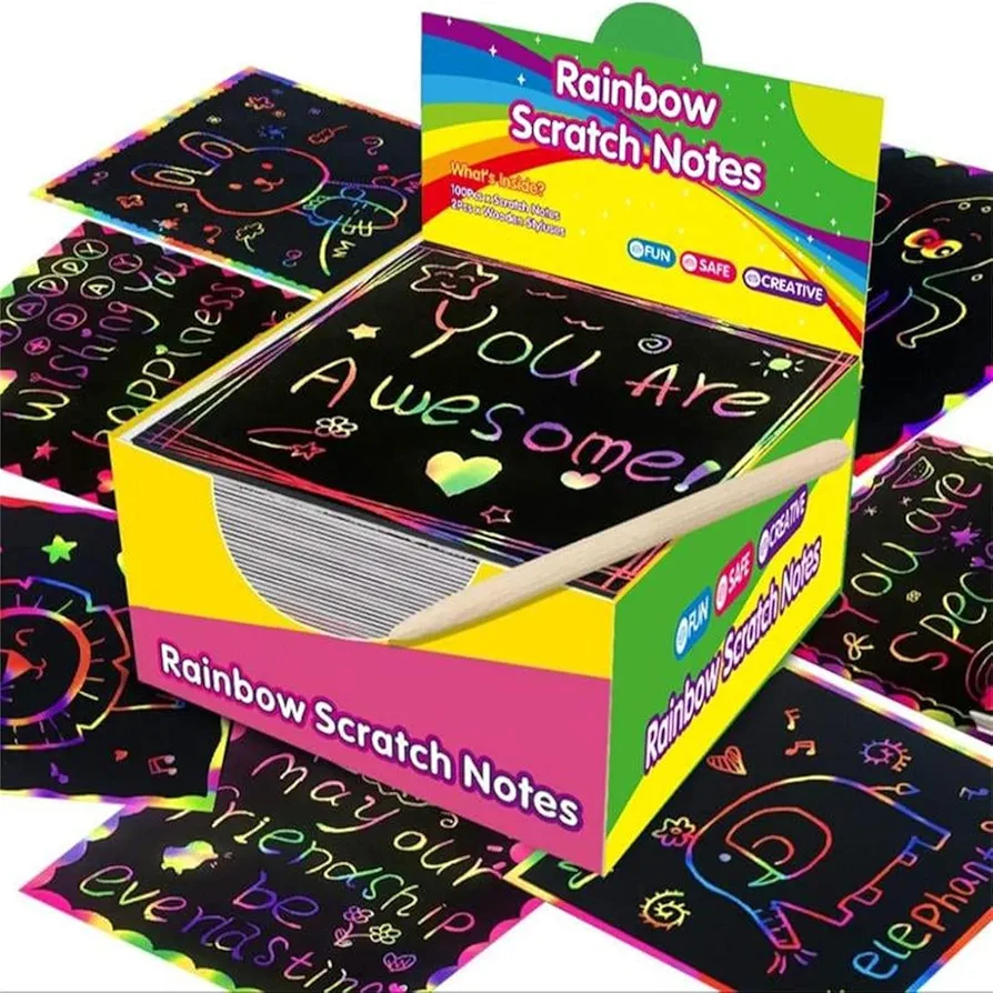 WMTBSRSW Rainbow Magic Scratch Paper Art Set, Rainbow Scratch Mini Art Notes - 100 Magic Scratch Paper Note Cards for Arts Crafts DIY Party Favor Supplies for Birthday Halloween Christmas Gift Box