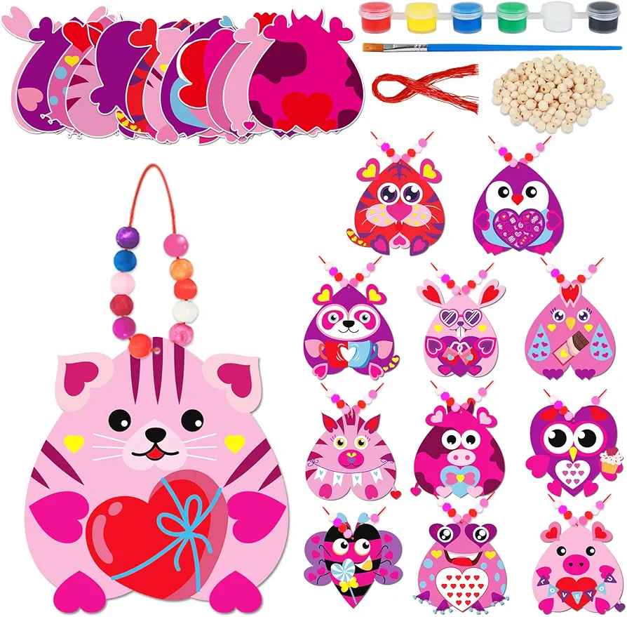 Qyeahkj 36 Sets Valentine's Day Heart Crafts Kit DIY Ornaments Necklaces Kits for Kids,Paper Heart Stickers Valentines Art Craft Decoration Art Sets Valentines Classroom Activities