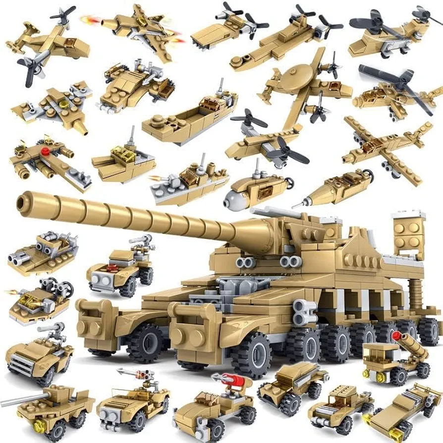 16 in 1 Building Block Army Tank Mammoth Tank Building Toy Set with Tactical Vehicles,Military Tanks, Trucks, Air Plane, Helicopter, Boat, Submarine, Missile Truck, Building Blocks Set