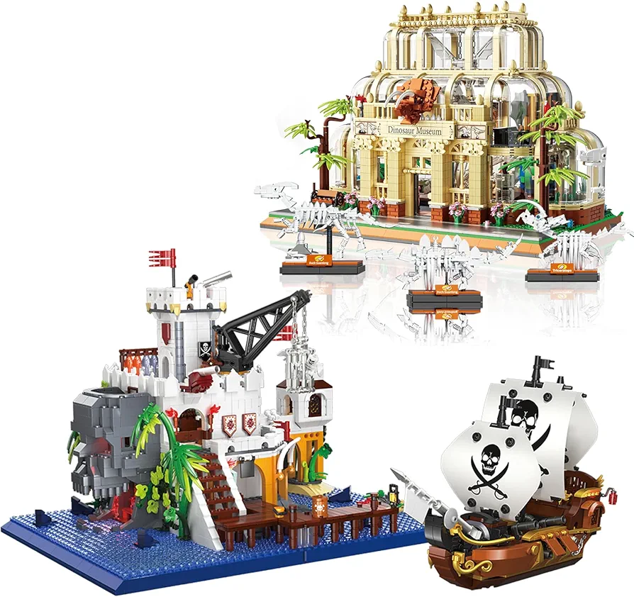 PAN TASY Mini Building Set for Adults Dinosaur Museum, Pirate Ship & Fortress Building Set