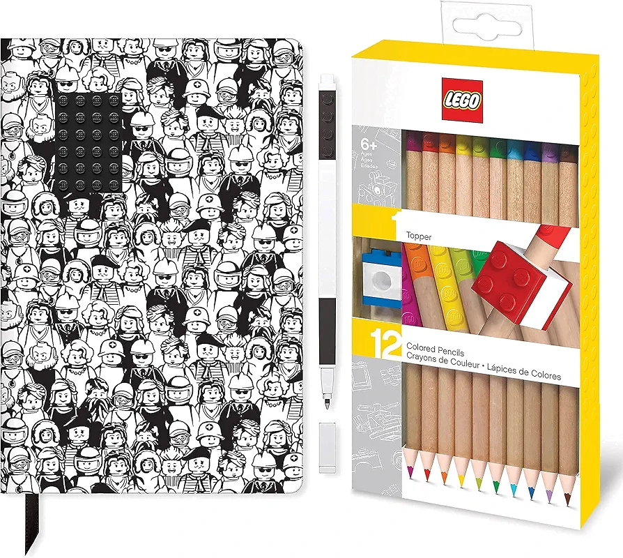 IQ LEGO Stationery Hardcover Journal with Minifigure Graphics and LEGO 12 Pack Colored Pencils with Topper Bundle