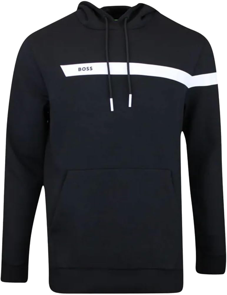 Hugo Boss Men's Soody 1 Black Cotton Logo Hoodie Sweatshirt with White Stripe (US, Alpha, Medium, Regular, Regular)