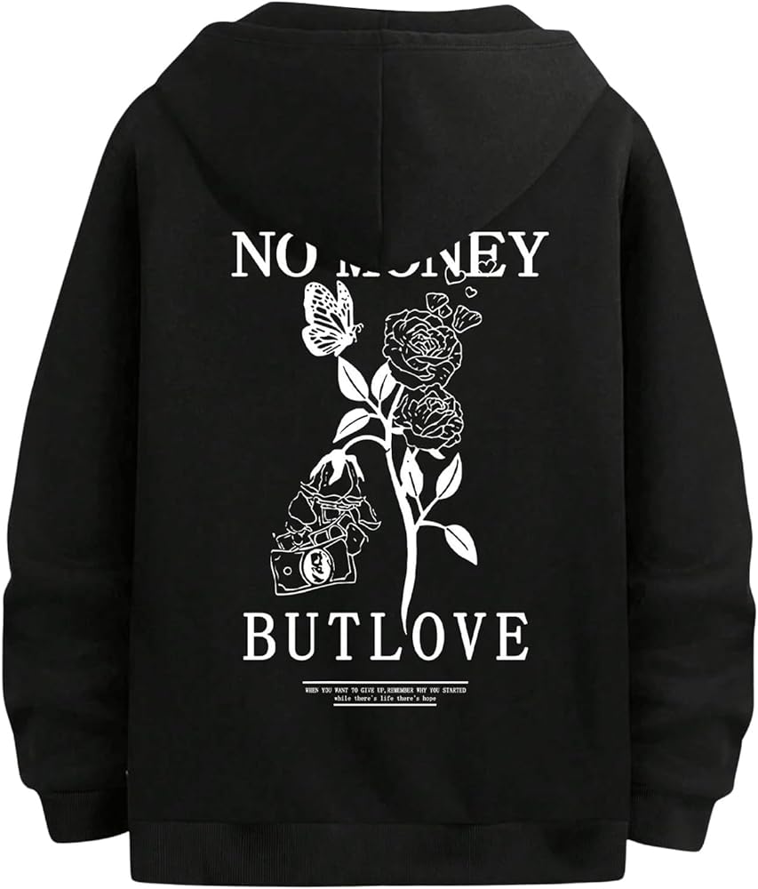 GORGLITTER Men's Graphic Hoodies Y2K Floral Slogan Print Drawstring Kangaroo Pocket Pullover Sweatshirt