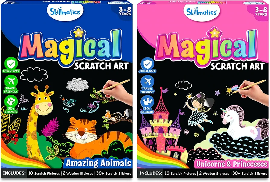 Skillmatics Magical Scratch Art Animals and Unicorns & Princesses Bundle, DIY Activity & Stickers, Gifts for Toddlers, Girls & Boys Ages 3, 4, 5, 6, 7, 8