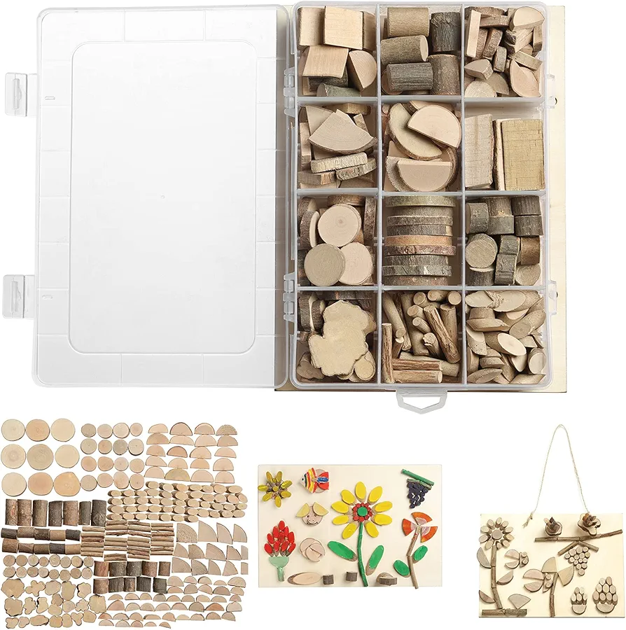 LAZACA Wood Craft Kits DIY for Kids Ages 5-20 Wooden Unfinished Toys Art Paint Bulk Craft Sticks Garden Playset Loose Parts Play Materials 250 Pcs/19.5X13X3.5cm