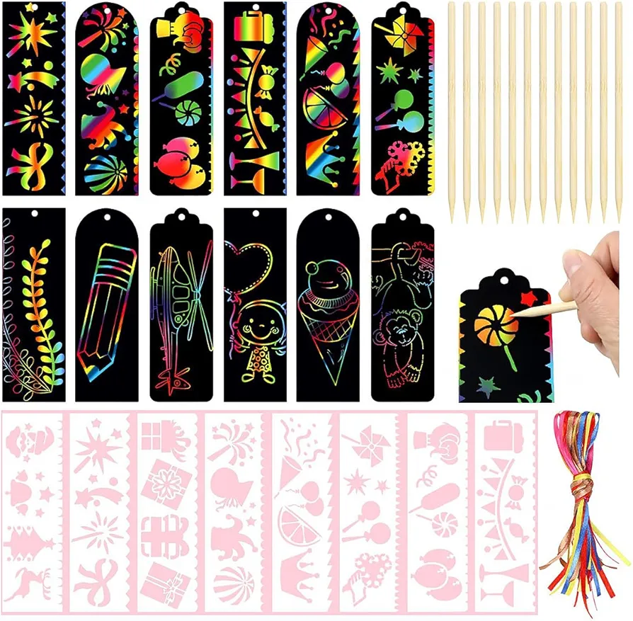 QNCIGER 24 Pcs 3 Style Magic Scratch Rainbow Bookmarks for Kids Students Party Favor Scratch Paper DIY Bookmarks with Scratching Tools Satin Ribbons for Classroom Activities