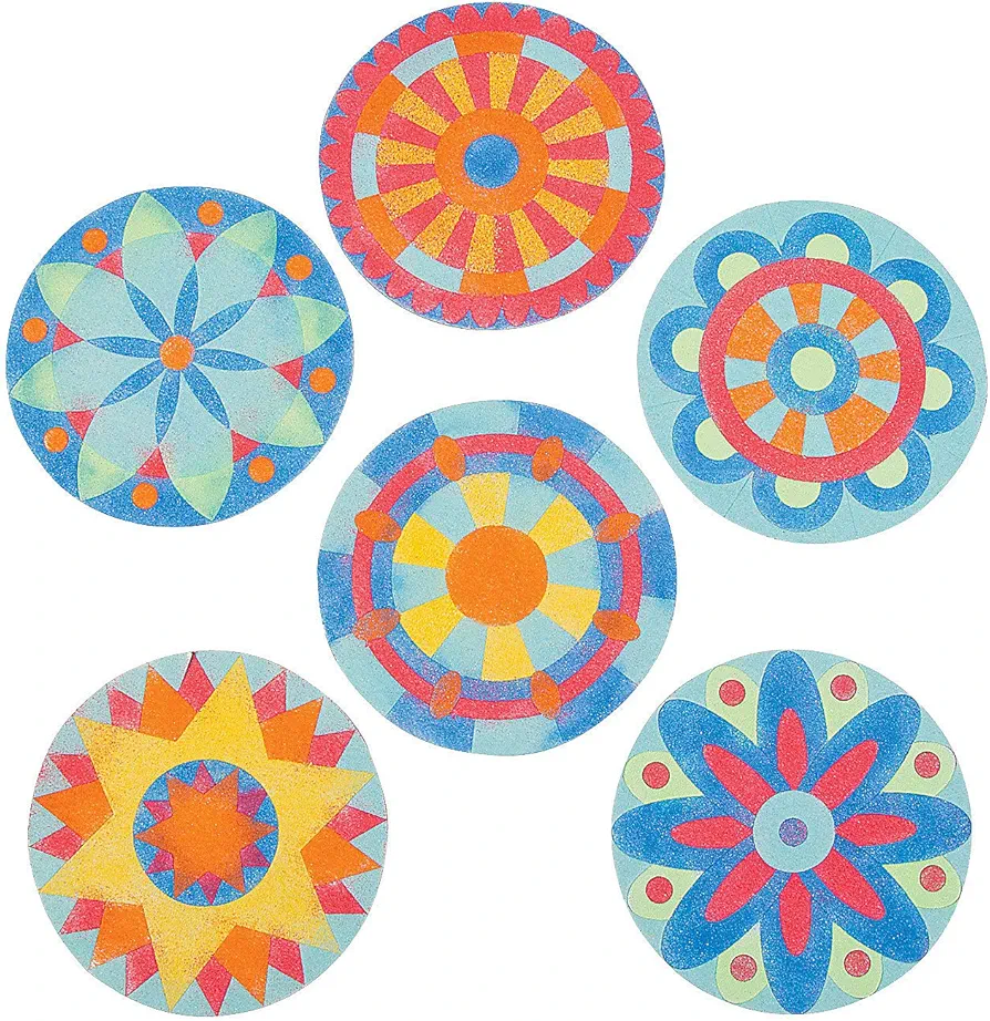 Fun Express Mandala Sand Art Kits for kids, Makes 24-5" in Diameter - DIY Craft Sand Painting Kit includes includes 1 bag of yellow, orange, blue, red, green and aqua sand