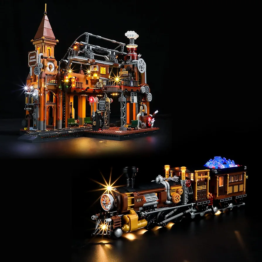 FUNWHOLE Lighting Building Bricks Set - Steampunk Ore Train and Train Station Construction Model Set for Adults and Teen