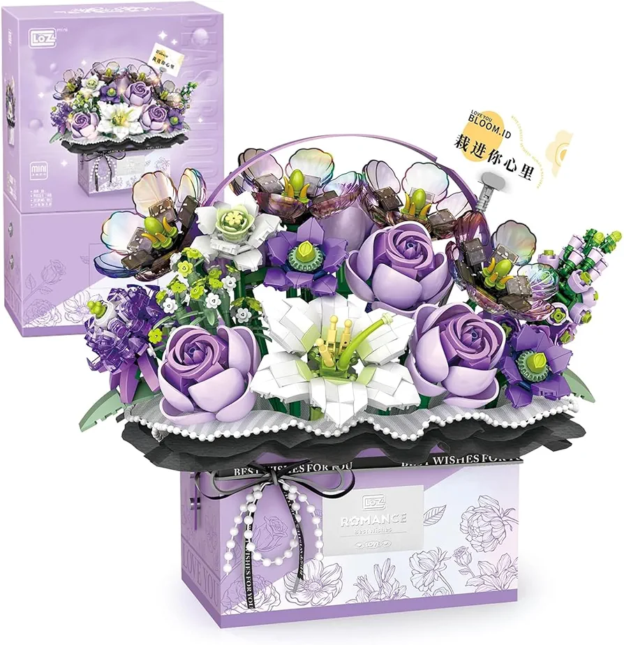 Flower Bouquet Building Blocks Model Set, DIY Simulation Artificial Rose Bouquet Handheld Gift Box for Valentine's Day, Bonsai Plant Building Bricks Toys, Home Decor (Mist Purple)