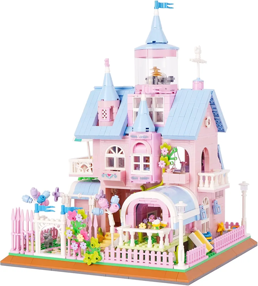 Building Blocks, Dream House Building Toys Three-Story Villa Model Architecture Building Kit Construction Bricks Toys (Pink Castle)